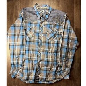 Rock 47 by Wrangler Western Shirt Mens XL Blue Plaid Embroidered Yoke Snap Front